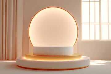 Minimalist product podium with soft lighting and a circular backdrop, near a window