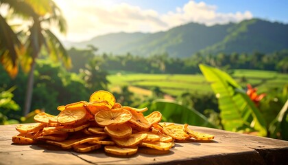 Delicious Plantain Chips with a Scenic Tropical Landscape Background
