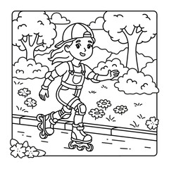 Coloring page for adults and children. Cute girl rollerblading.