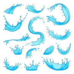 Collection of stylized blue water splashes and droplets on a white background