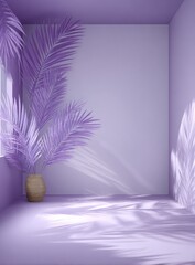 Interior space with purple walls, wicker vase, and foliage creating shadows