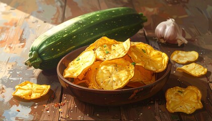 Delicious zucchini chips with fresh ingredients on a wooden table