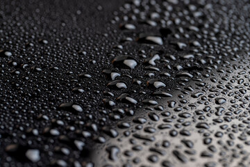 Black glass surface with white spots in water droplets close up, wet mirrored black glass in a large number of water droplets