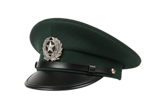 Green peaked cap with star badge isolated on transparent background, military uniform headwear
