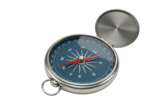 Silver metal compass isolated on transparent background, navigational tool for direction finding