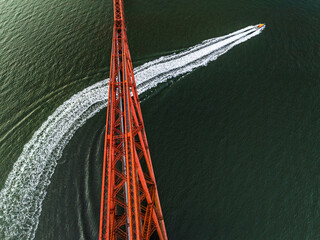 Forth Bridge from a drone, Queensferry Crossing, Forth Estuary, Scotland