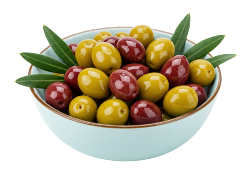 Bowl of mixed green and red olives isolated on white, Mediterranean cuisine ingredient