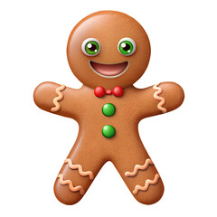 Obraz premium A smiling gingerbread man cookie with green eyes and a red bow tie, isolated on transparent background