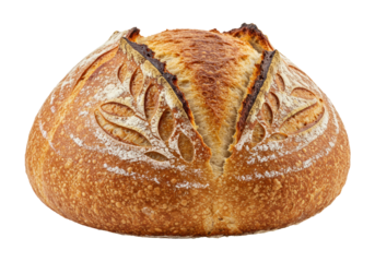 Artisan sourdough bread loaf isolated, golden crusty bread with decorative scoring on no background