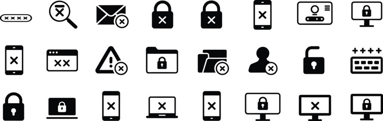 Cybersecurity icon set, black line symbols, privacy protection, user authentication, data security, digital safety, access control, technology, secure communication