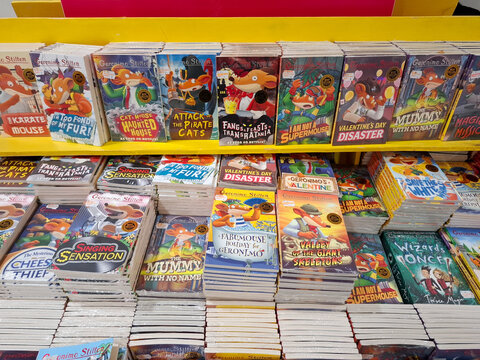 Pile of the children book series by Geronimo Stilton at book fair. Yogyakarta, Indonesia 06 09 2024