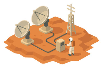 Isometric communication antennas scene, ground station, satellite dishes, control box, power tower