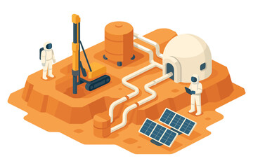 Isometric habitat and drilling scene, dome habitat, drilling rig, tanks, solar panels, pipeline