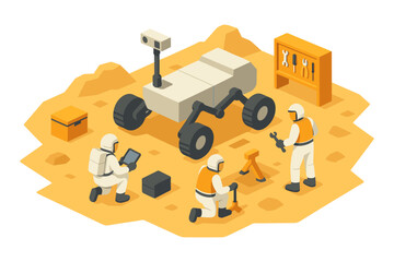 Isometric rover maintenance scene, astronauts repair rover, tools, crates, workshop