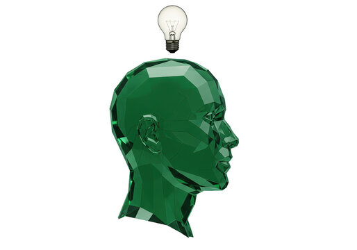 Green polygonal head with light bulb isolated on transparent background, creative idea concept