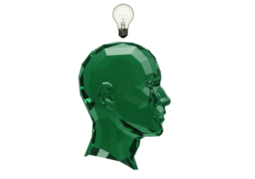 Green polygonal head with light bulb isolated on transparent background, creative idea concept