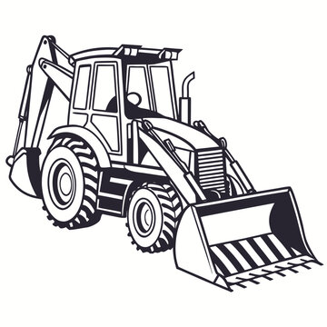 Black and white backhoe loader vector illustration
