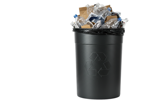 Recycling bin full of plastic bottles and cardboard isolated, waste management concept