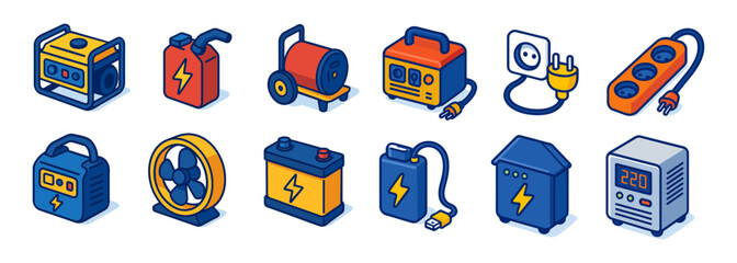 power accessories isometric icons, reel, strip, battery, charger, meter