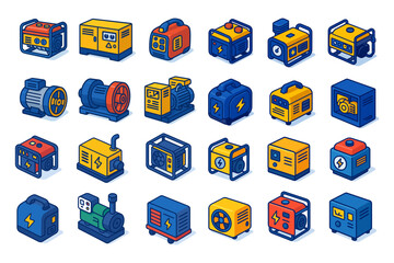 portable generators isometric icons ,diesel, gas, inverter, industrial, compact