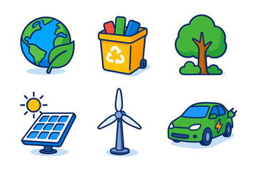 eco energy isometric icons , earth leaf, recycle bin, green tree, solar, wind