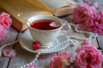 A cup of aromatic tea, a book and a rose on the table.