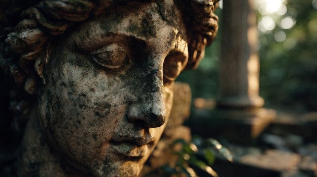 Ancient Stone Sculpture in Lush Garden, Face Detail of Aged Statue