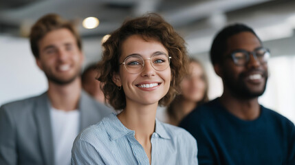 A diverse group of young professionals in a modern office environment being warmly welcomed by managers during an onboarding session, symbolizing talent attraction, corporate culture, inclusivity,