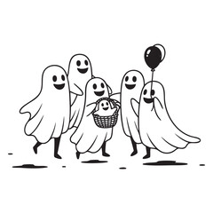 Group of Happy Cartoon Ghosts Trick-or-Treating with Balloon and Basket