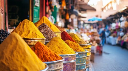Colorful spices piled high in metal containers at a vibrant outdoor market stall display scene view