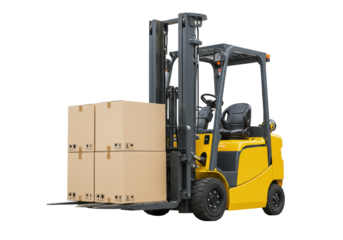 Yellow forklift with cardboard boxes isolated on transparent background, industrial vehicle for warehouse