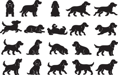 Diverse dog breeds silhouettes collection of various poses and actions pack