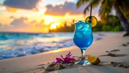 Elegant blue cocktail in a martini glass garnished with cherry, mint, and a purple flower, set on a black slate with fruit and herbs&mdash;vivid, luxurious, and bar-inspired.