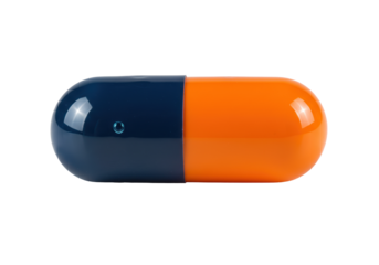 Blue and orange capsule isolated on transparent background, medicine and health concept