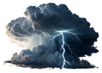 Dramatic dark storm cloud with lightning strike isolated on transparent background