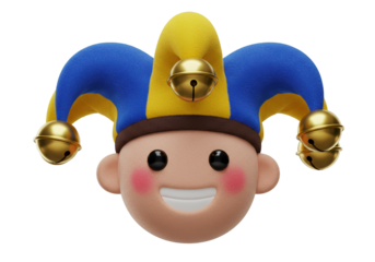 Smiling jester face with blue and yellow hat isolated on transparent background, 3D rendering