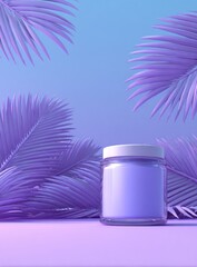 Lavender jar centered on a table with purple palm fronds against a gradient blue sky