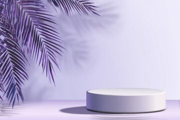 A minimalist, purple-toned studio scene featuring a podium with tropical foliage shadows