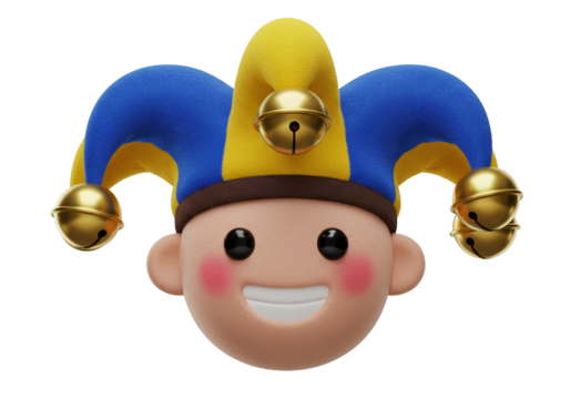 Smiling jester face with blue and yellow hat isolated on transparent background, 3D rendering