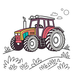 Colorful cartoon tractor on a grassy hill farm agriculture