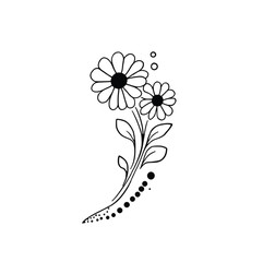 Black and white line art of two daisies with leaves and dots