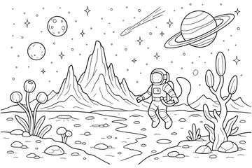 astronaut landscape coloring page , alien plants, mountains, saturn, comets