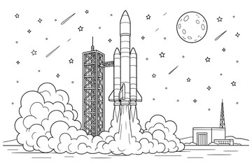 rocket launch coloring page, launch pad, smoke, moon, stars