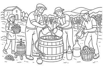 winemaking coloring page ,vineyard, barrel, pouring grapes, farmers, tools