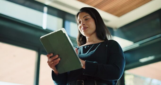 Smile, business and woman with tablet in office for research, proofreading and editor feedback. Below, female person and digital for editing article, draft update and information for publication post