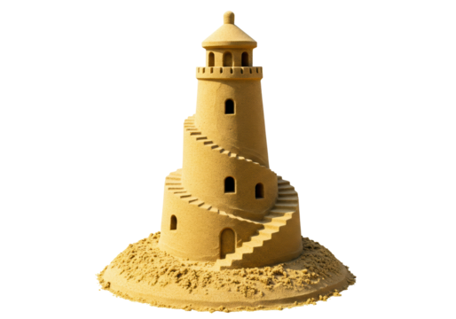 Sandcastle lighthouse isolated on transparent background, detailed spiral staircase and tower - Powered by Adobe