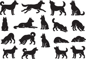 Diverse dog breed silhouettes collection featuring various poses and activities for design projects