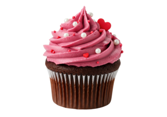 Delicious chocolate cupcake with pink frosting isolated, decorated with pearls and hearts