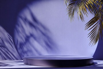 Purple circular pedestal with golden palm fronds casting shadows against a violet backdrop