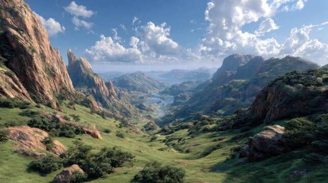 Majestic mountains valley vista with clear blue skies and fluffy clouds